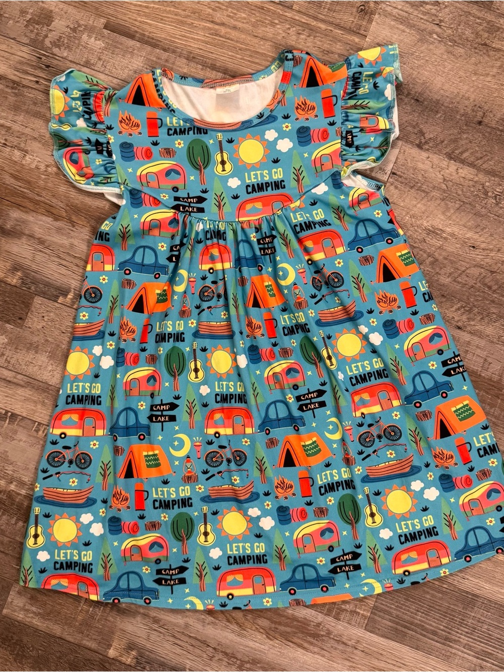 Boutique Girls' Camping Print Flutter Sleeve Dress - Teal & Orange size 7/8